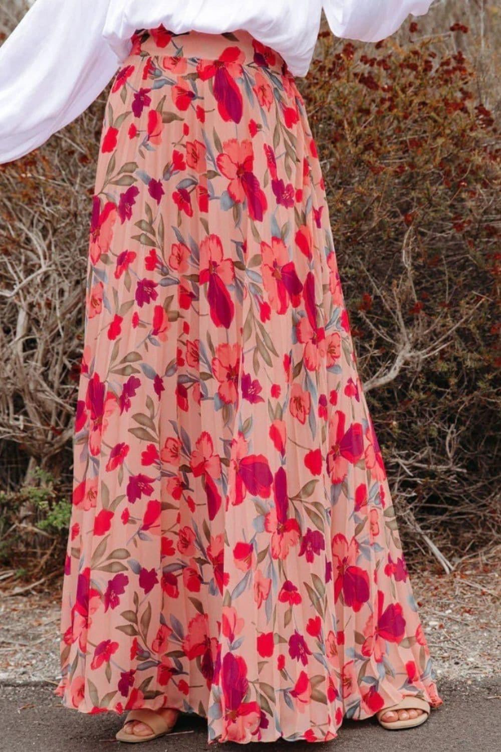 Flower Path Printed Elastic Waist Pleated Maxi Skirt - SwagglyLife Home & Fashion