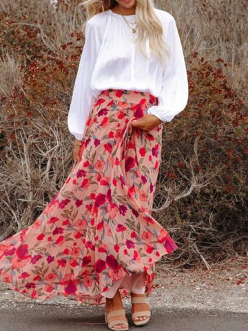 Flower Path Printed Elastic Waist Pleated Maxi Skirt - SwagglyLife Home & Fashion