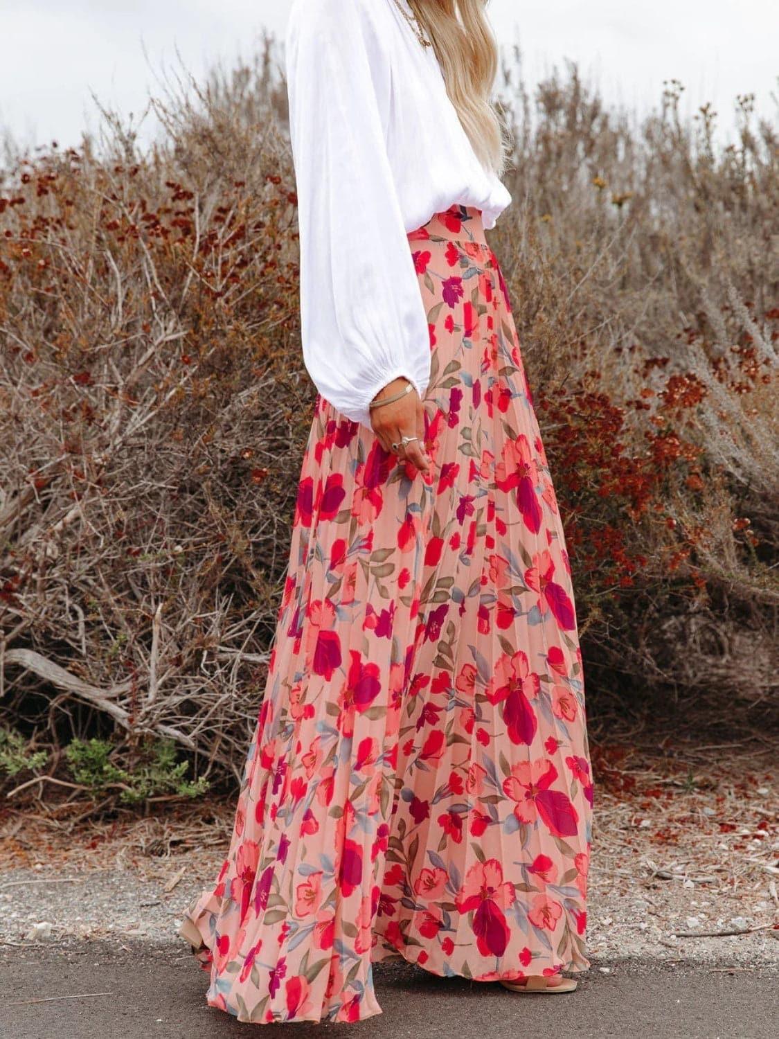 Flower Path Printed Elastic Waist Pleated Maxi Skirt - SwagglyLife Home & Fashion