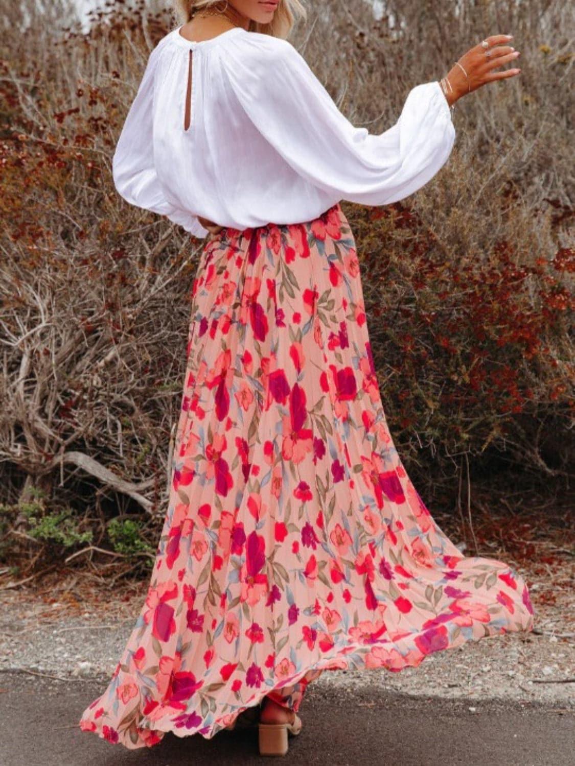 Flower Path Printed Elastic Waist Pleated Maxi Skirt - SwagglyLife Home & Fashion