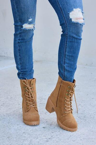 Forever Link Lace-Up Zipper Detail Block Heel Boots - SwagglyLife Home & Fashion