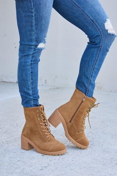 Forever Link Lace-Up Zipper Detail Block Heel Boots - SwagglyLife Home & Fashion
