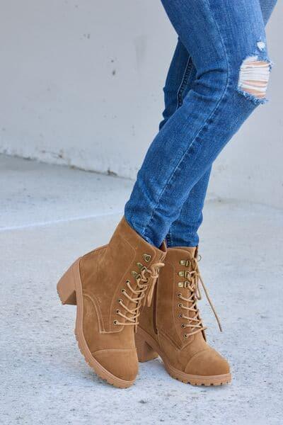 Forever Link Lace-Up Zipper Detail Block Heel Boots - SwagglyLife Home & Fashion