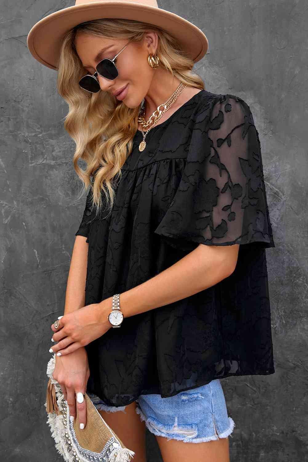 Round Neck Puff Sleeve Blouse - SwagglyLife Home & Fashion