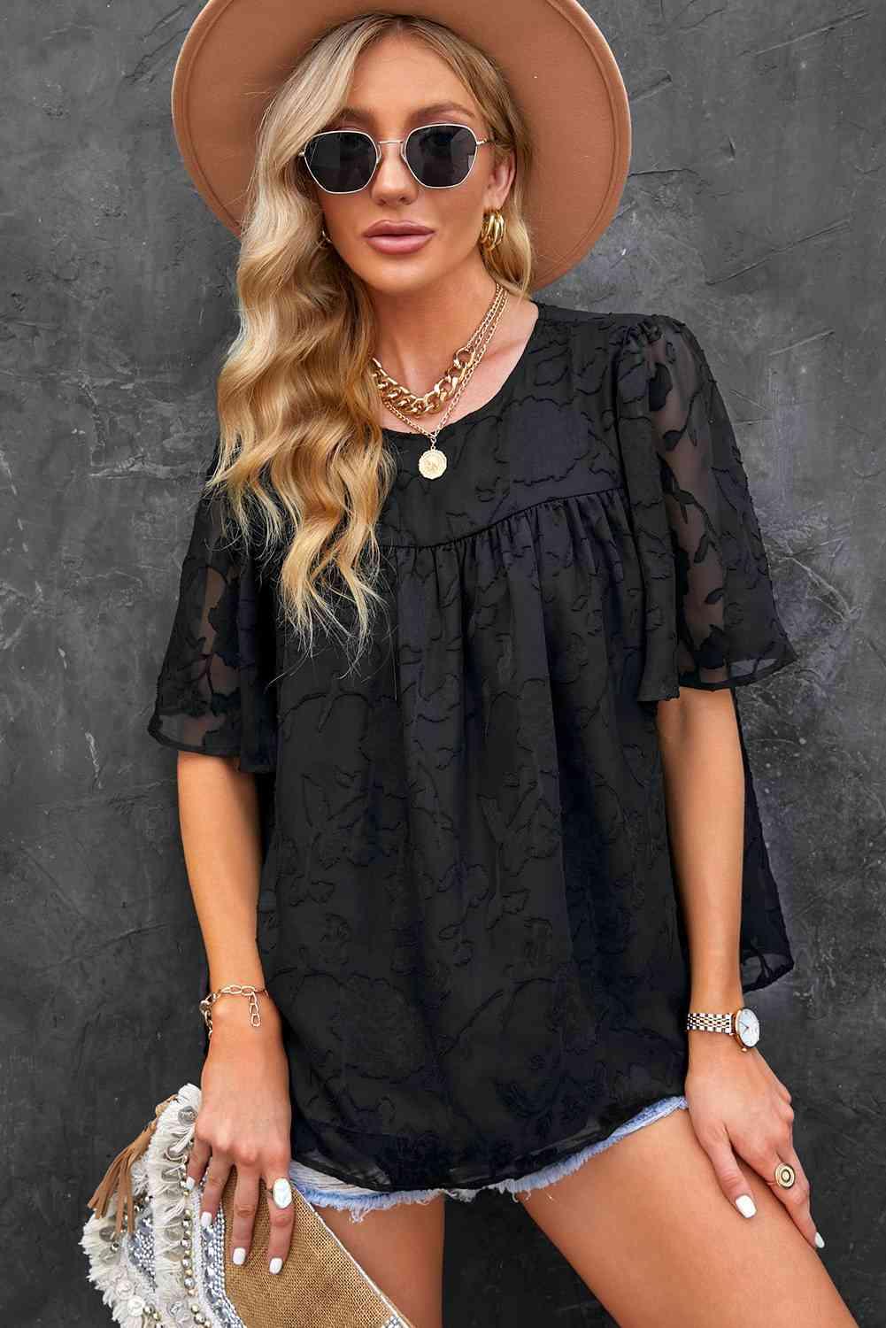 Round Neck Puff Sleeve Blouse - SwagglyLife Home & Fashion