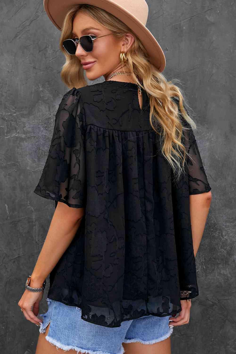 Round Neck Puff Sleeve Blouse - SwagglyLife Home & Fashion