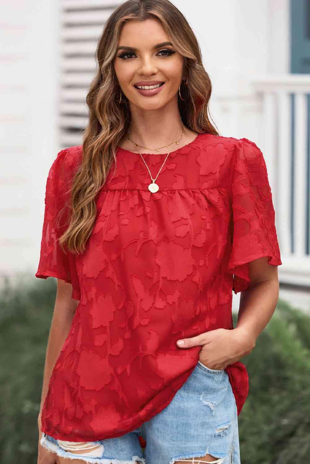 Round Neck Puff Sleeve Blouse - SwagglyLife Home & Fashion