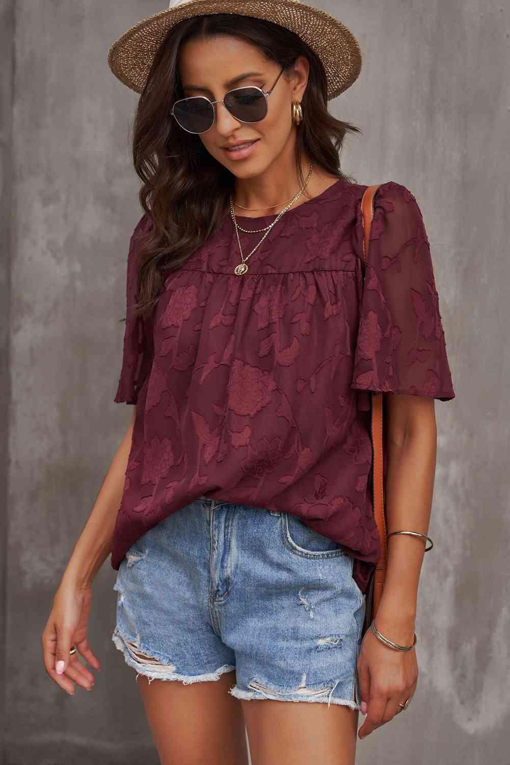 Round Neck Puff Sleeve Blouse - SwagglyLife Home & Fashion