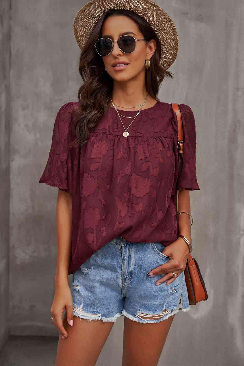 Round Neck Puff Sleeve Blouse - SwagglyLife Home & Fashion