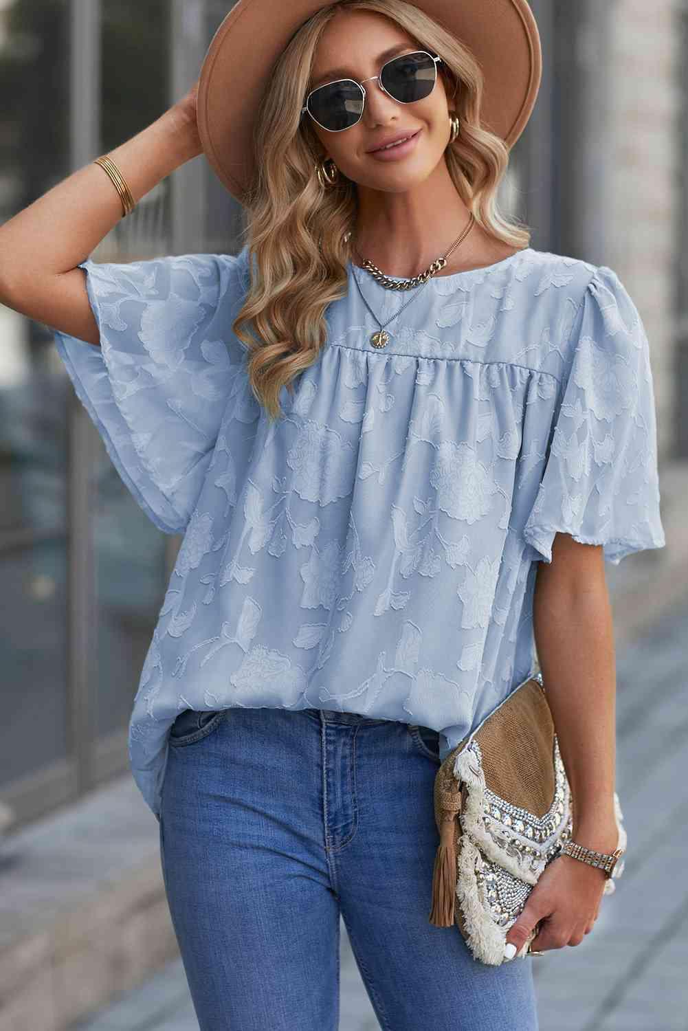 Round Neck Puff Sleeve Blouse - SwagglyLife Home & Fashion