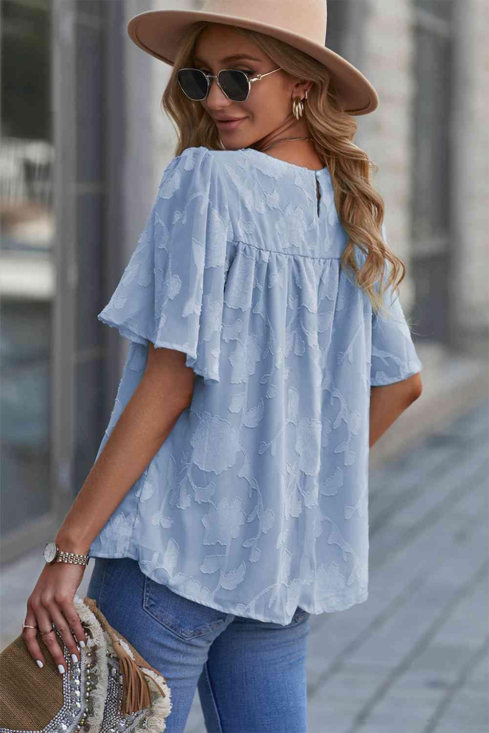 Round Neck Puff Sleeve Blouse - SwagglyLife Home & Fashion