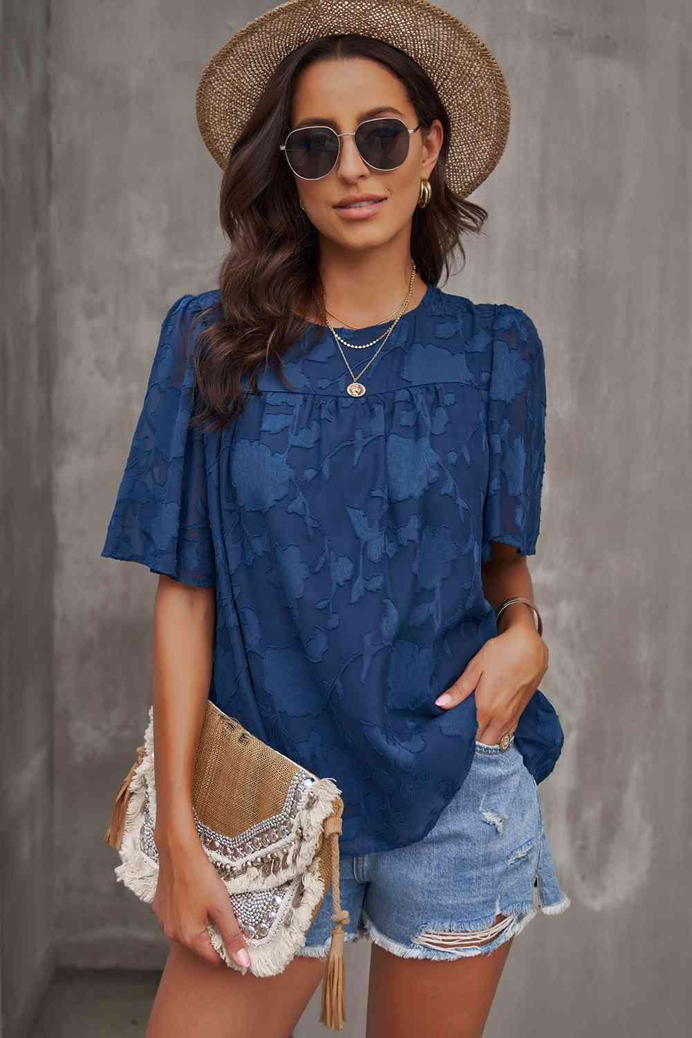 Round Neck Puff Sleeve Blouse - SwagglyLife Home & Fashion