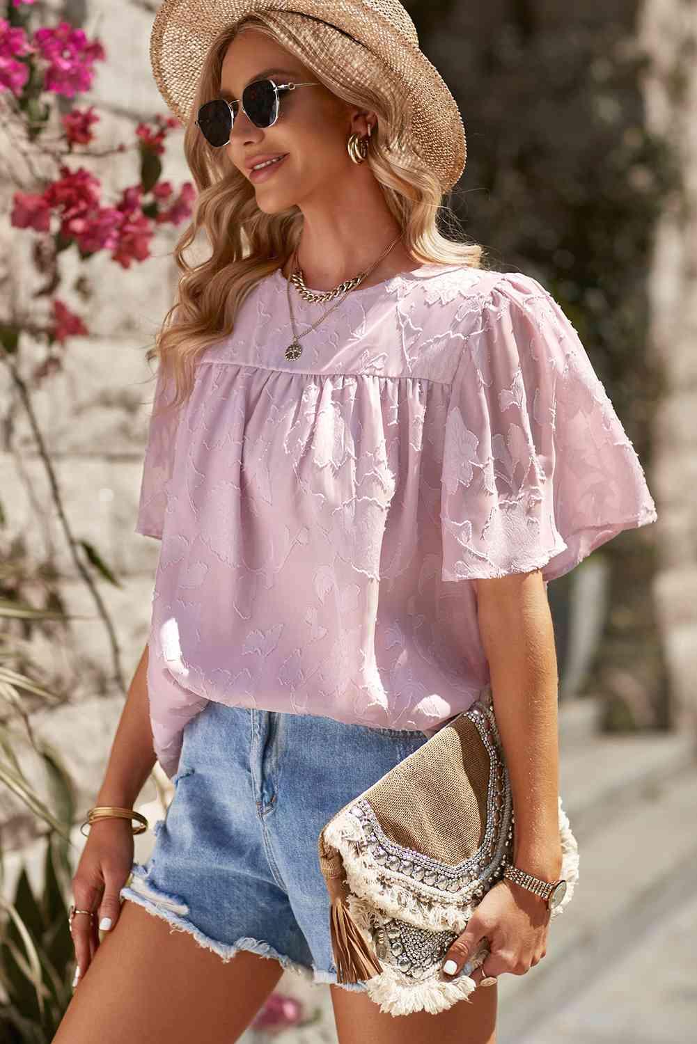 Round Neck Puff Sleeve Blouse - SwagglyLife Home & Fashion