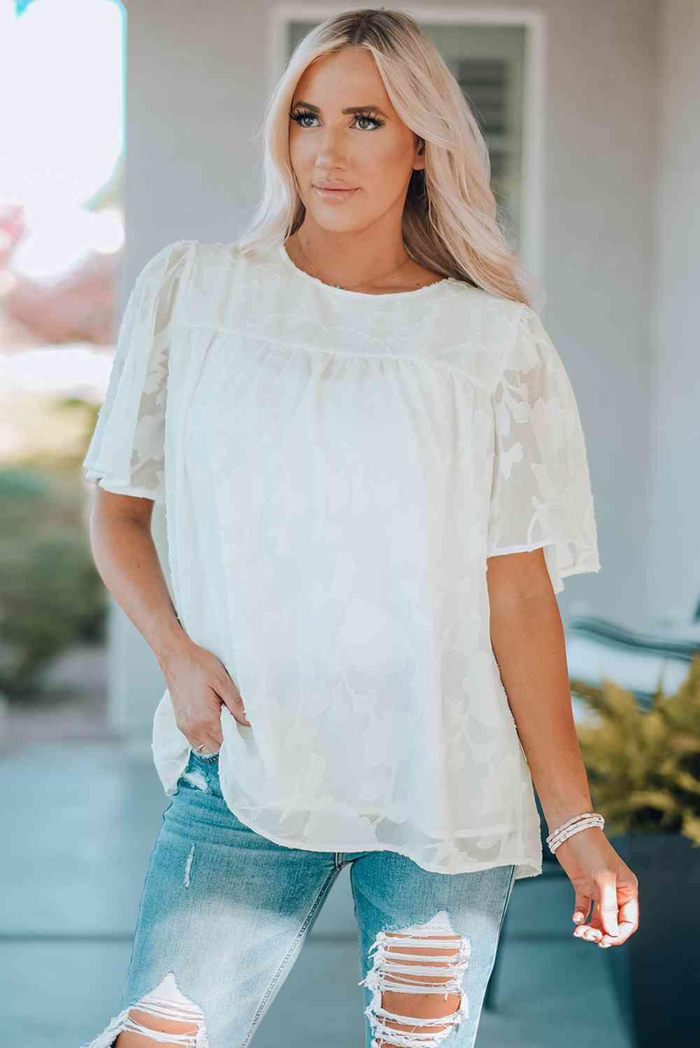 Round Neck Puff Sleeve Blouse - SwagglyLife Home & Fashion