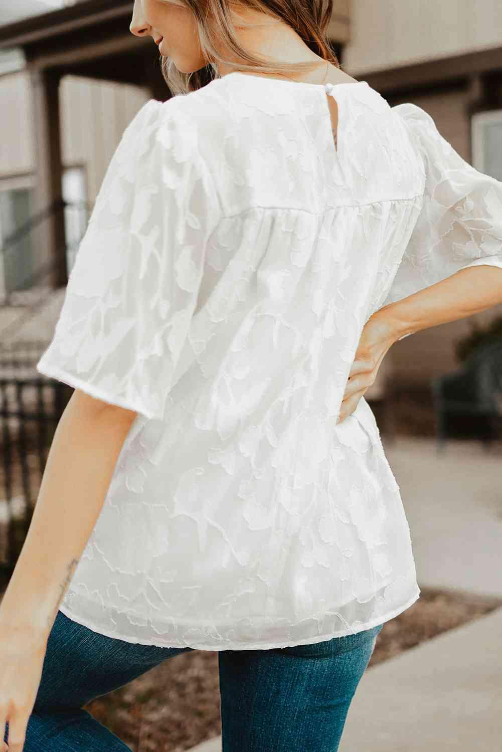 Round Neck Puff Sleeve Blouse - SwagglyLife Home & Fashion