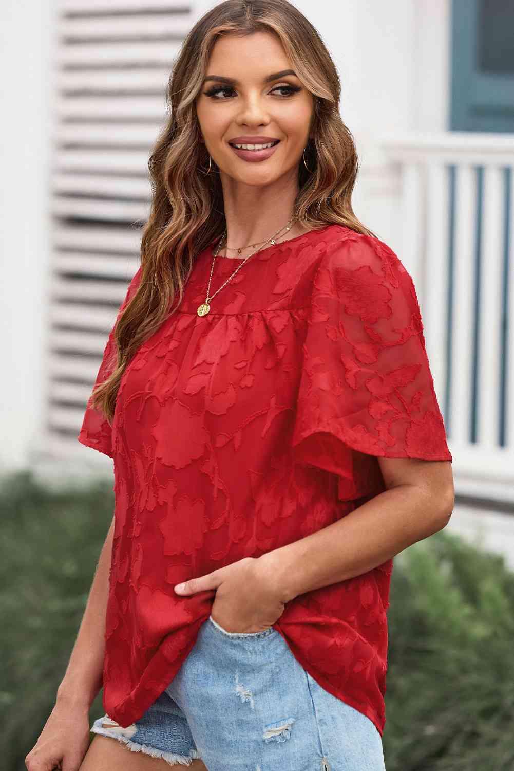 Round Neck Puff Sleeve Blouse - SwagglyLife Home & Fashion