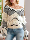 Gemma Geometric Fringe Detail V-Neck Sweater - SwagglyLife Home & Fashion