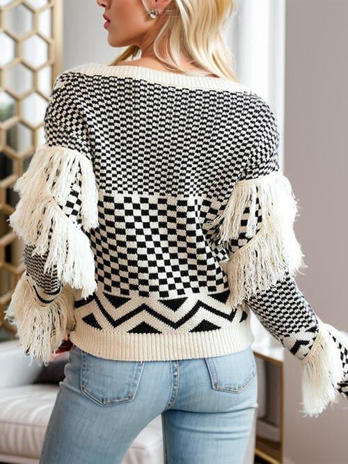Gemma Geometric Fringe Detail V-Neck Sweater - SwagglyLife Home & Fashion