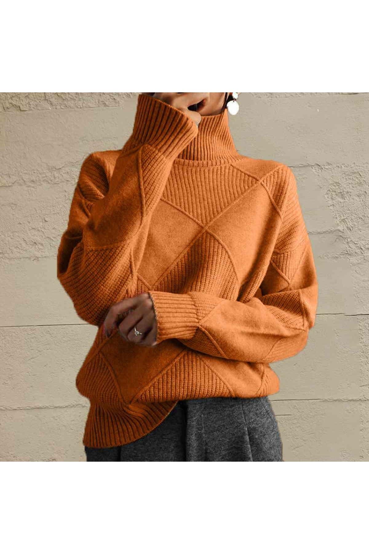 Geometric Turtleneck Long Sleeve Sweater - SwagglyLife Home & Fashion