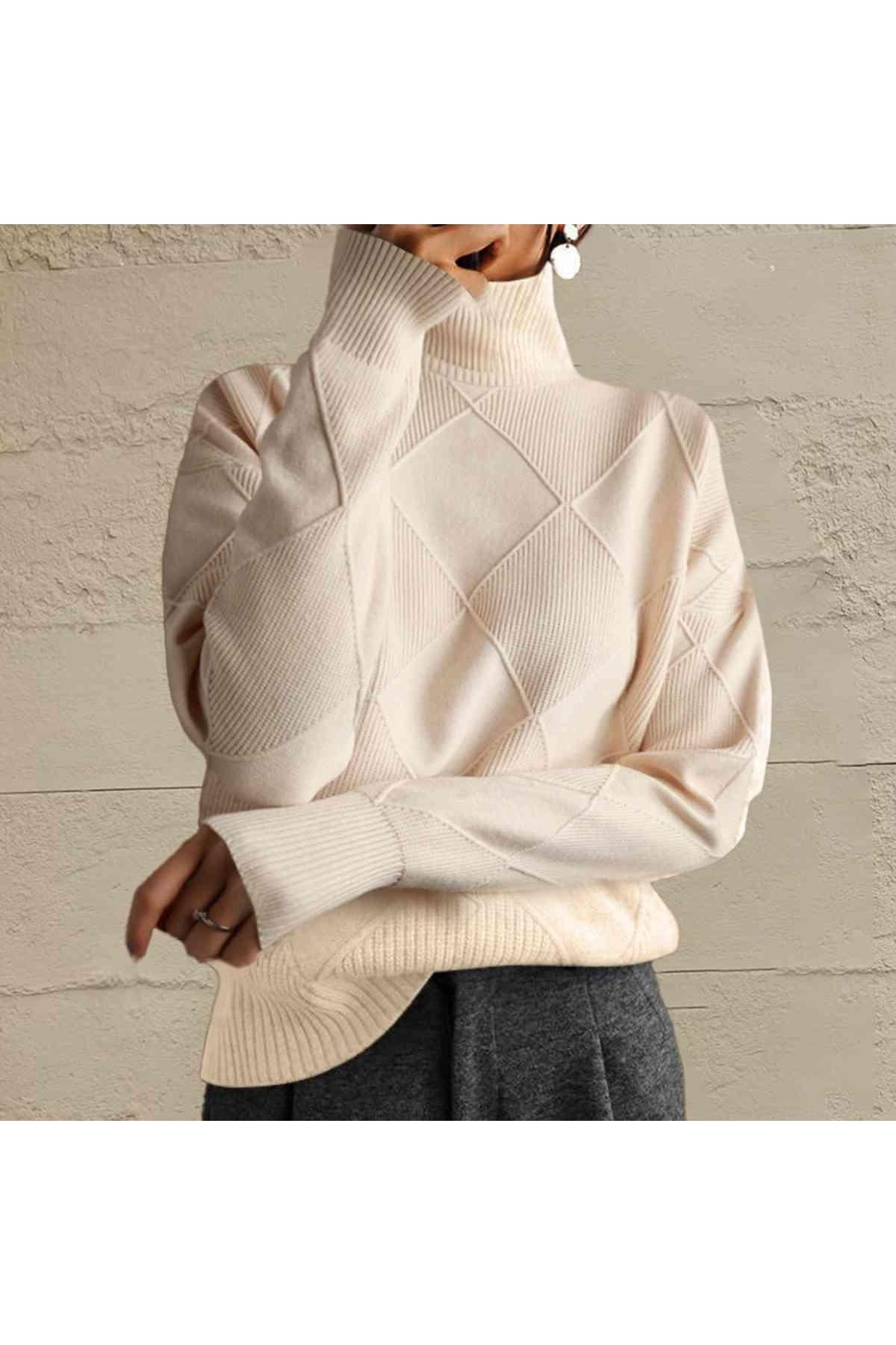 Geometric Turtleneck Long Sleeve Sweater - SwagglyLife Home & Fashion