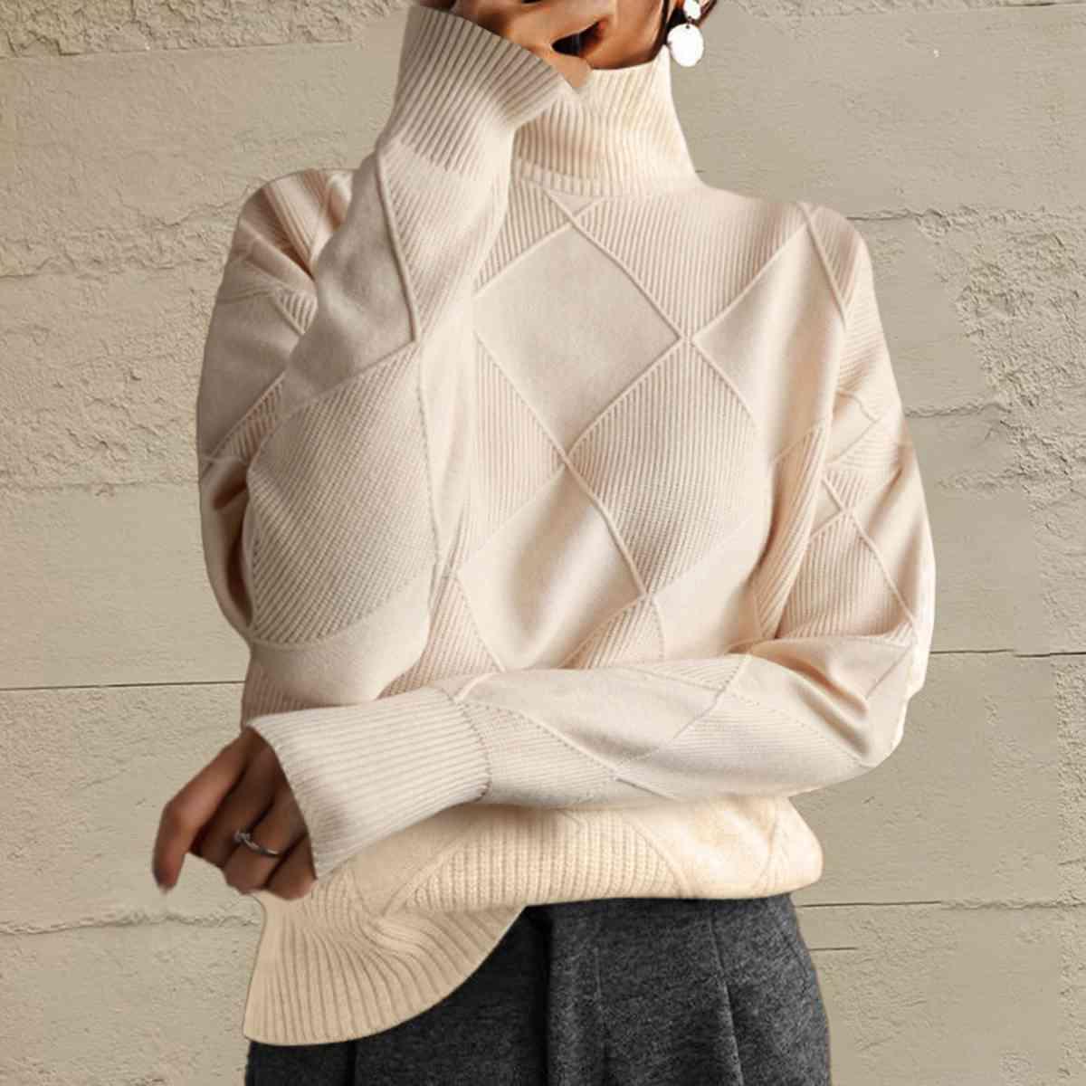 Geometric Turtleneck Long Sleeve Sweater - SwagglyLife Home & Fashion