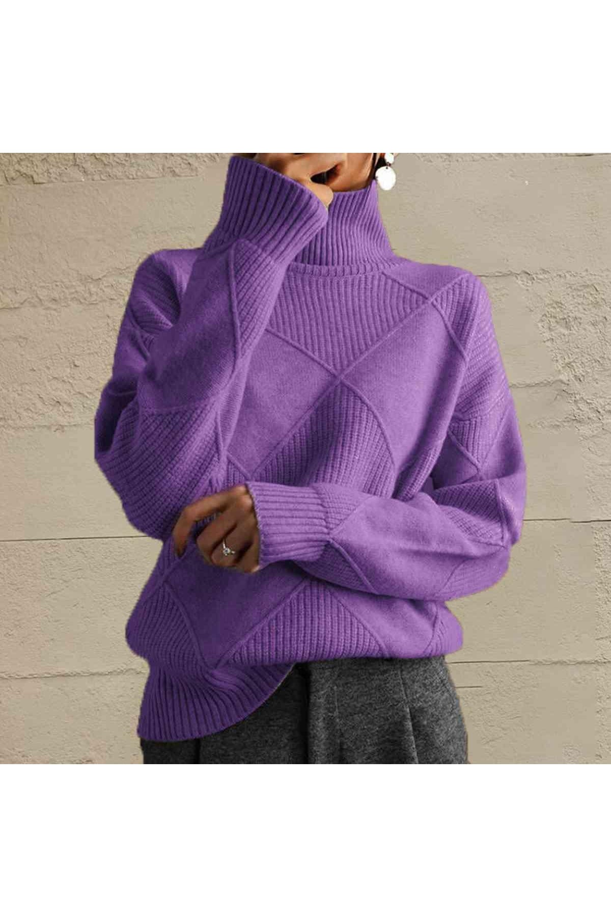 Geometric Turtleneck Long Sleeve Sweater - SwagglyLife Home & Fashion