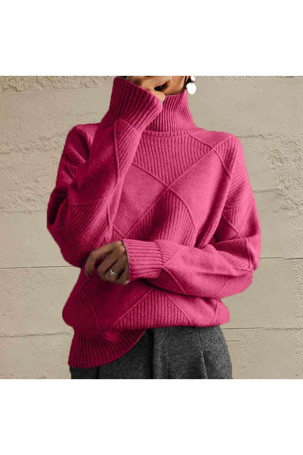 Geometric Turtleneck Long Sleeve Sweater - SwagglyLife Home & Fashion