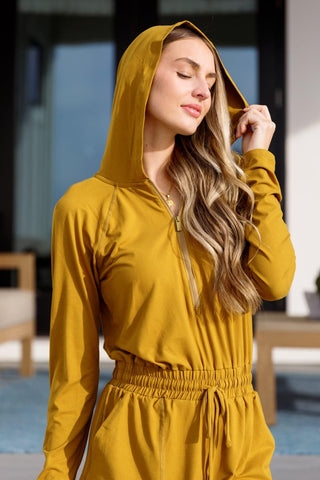 Getting Out Long Sleeve Hoodie Romper Gold Spice - SwagglyLife Home & Fashion