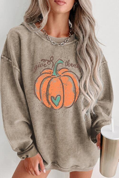 Give Thanks Graphic Round Neck Sweatshirt - SwagglyLife Home & Fashion