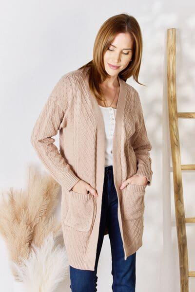 Hailey & Co Full Size Cable-Knit Pocketed Cardigan - SwagglyLife Home & Fashion