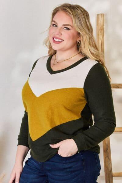 Hailey & Co Full Size Colorblock V-Neck Blouse - SwagglyLife Home & Fashion