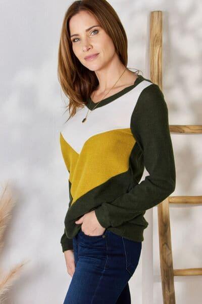 Hailey & Co Full Size Colorblock V-Neck Blouse - SwagglyLife Home & Fashion