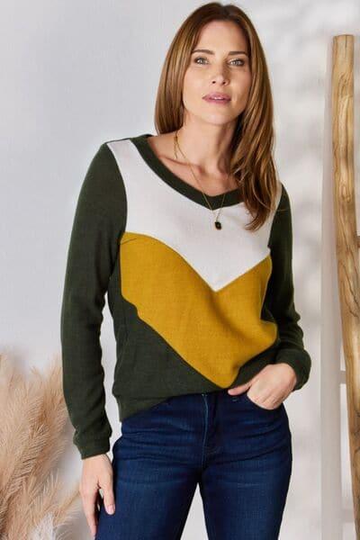 Hailey & Co Full Size Colorblock V-Neck Blouse - SwagglyLife Home & Fashion