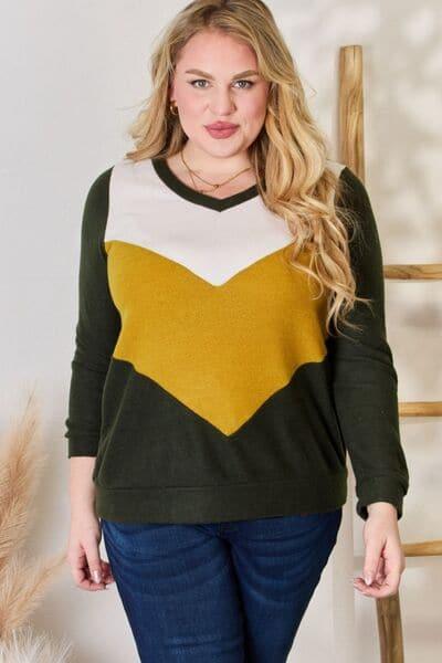 Hailey & Co Full Size Colorblock V-Neck Blouse - SwagglyLife Home & Fashion
