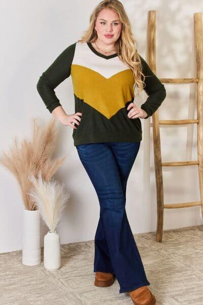 Hailey & Co Full Size Colorblock V-Neck Blouse - SwagglyLife Home & Fashion