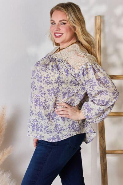 Hailey & Co Full Size Lace Detail Printed Blouse - SwagglyLife Home & Fashion