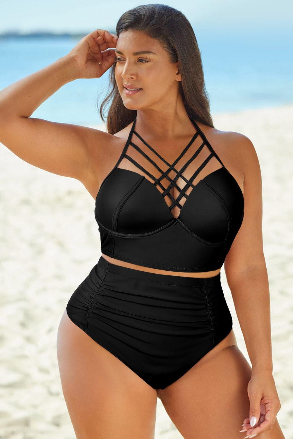 Halter Neck Crisscross Ruched Two-Piece Swimsuit - SwagglyLife Home & Fashion