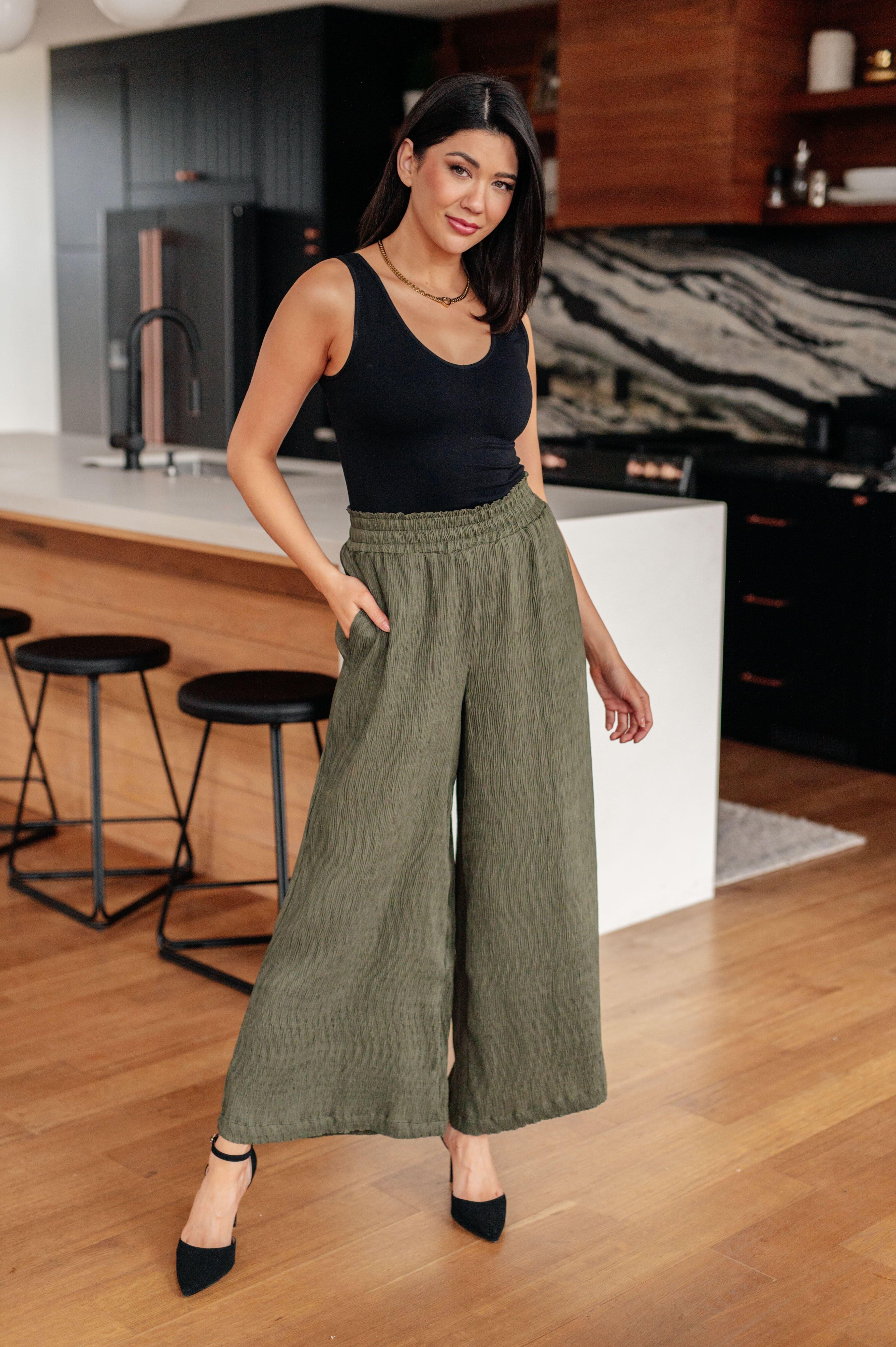 Harmony High Rise Wide Pants in Olive - SwagglyLife Home & Fashion