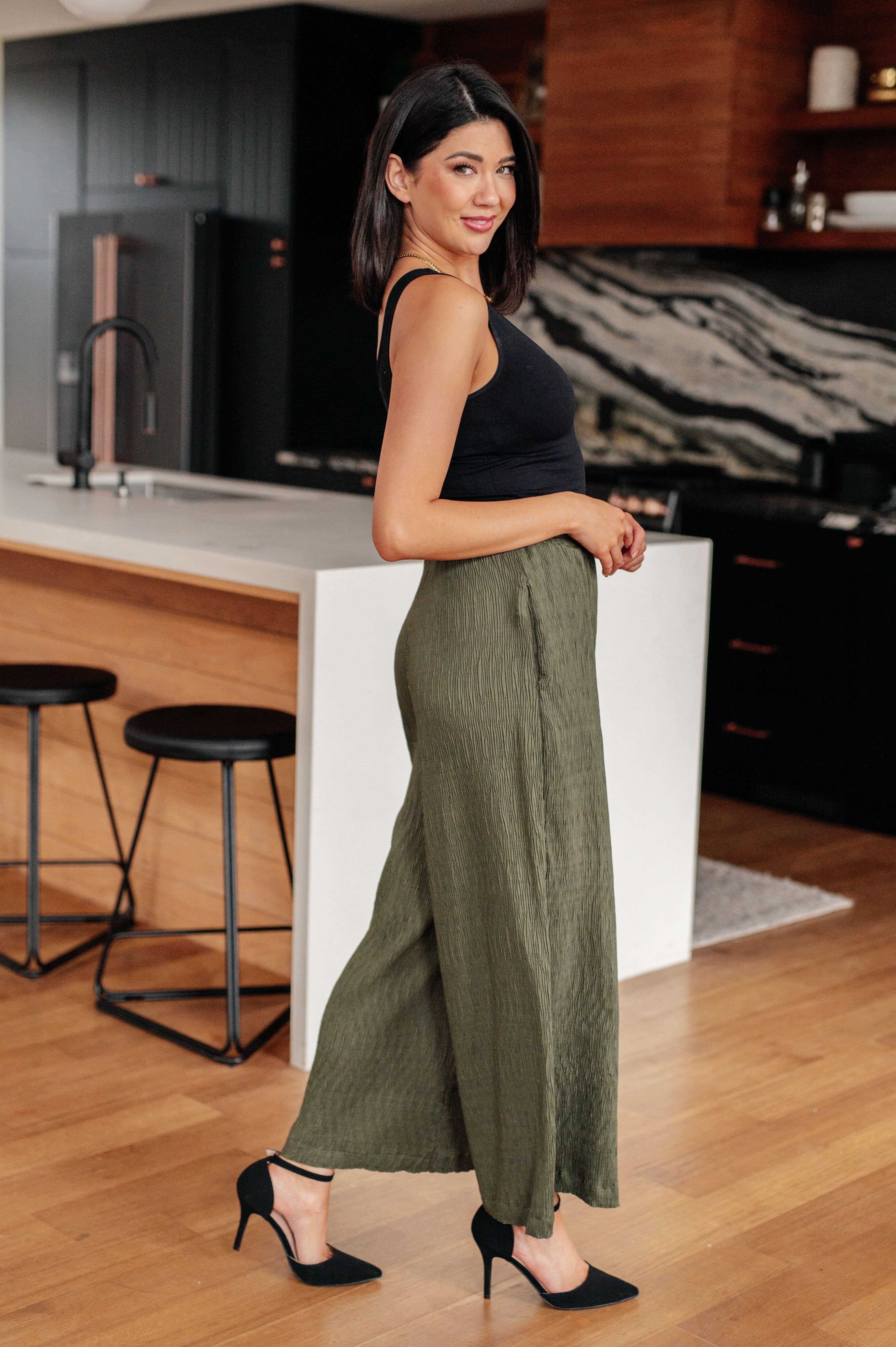 Harmony High Rise Wide Pants in Olive - SwagglyLife Home & Fashion