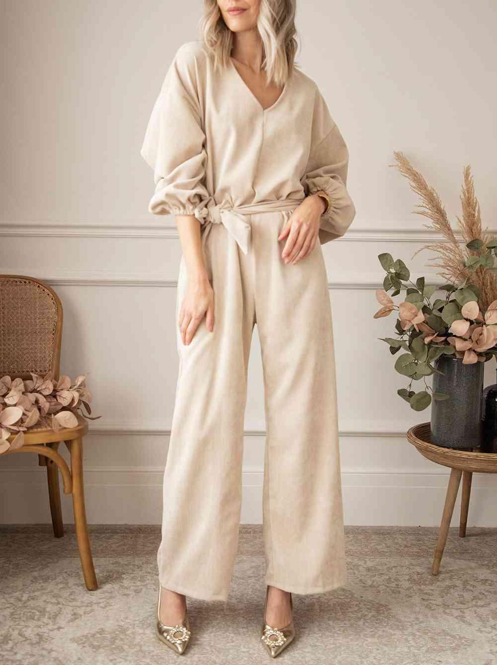 Harper V-Neck Tie Waist Wide Leg Jumpsuit - SwagglyLife Home & Fashion