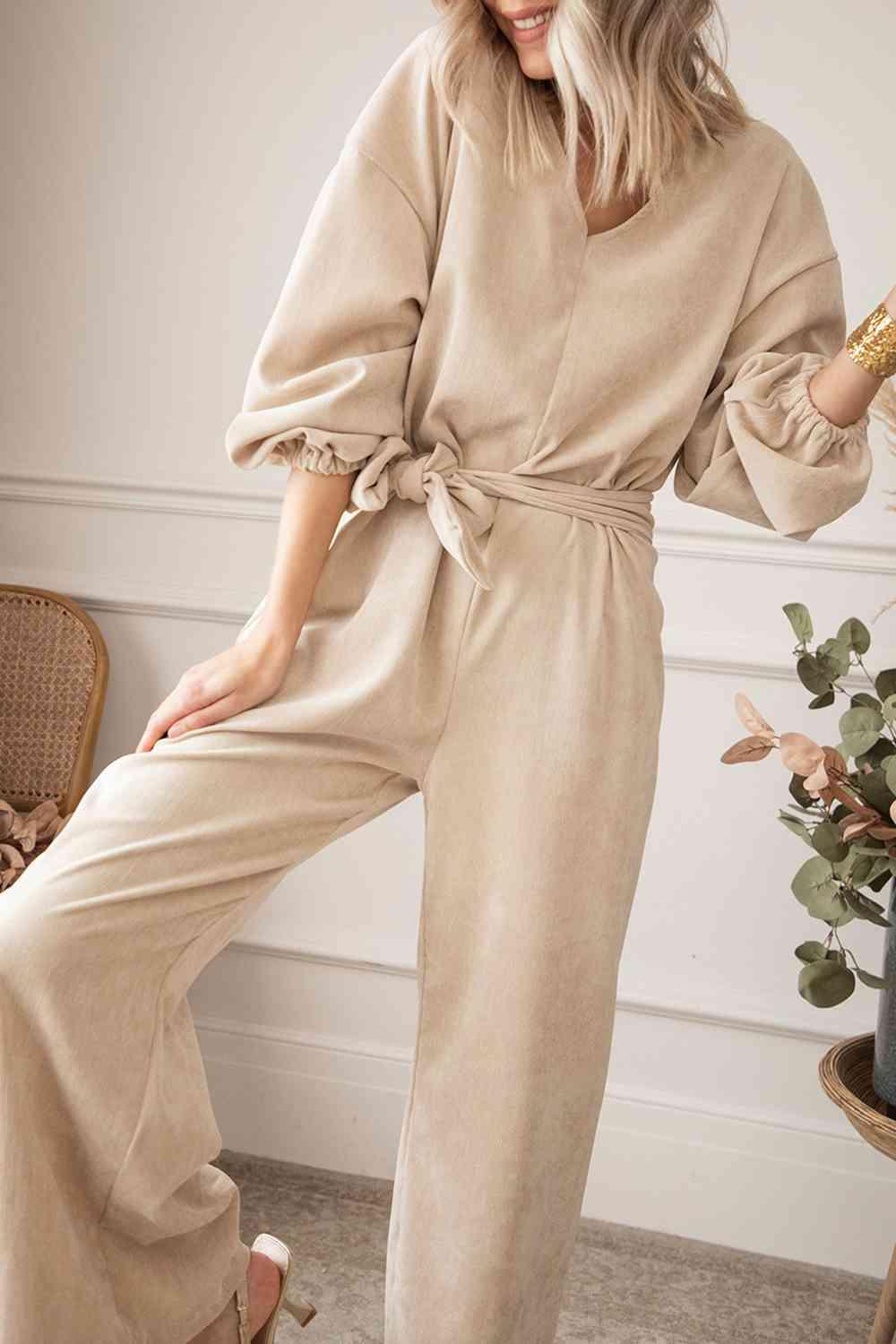 Harper V-Neck Tie Waist Wide Leg Jumpsuit - SwagglyLife Home & Fashion