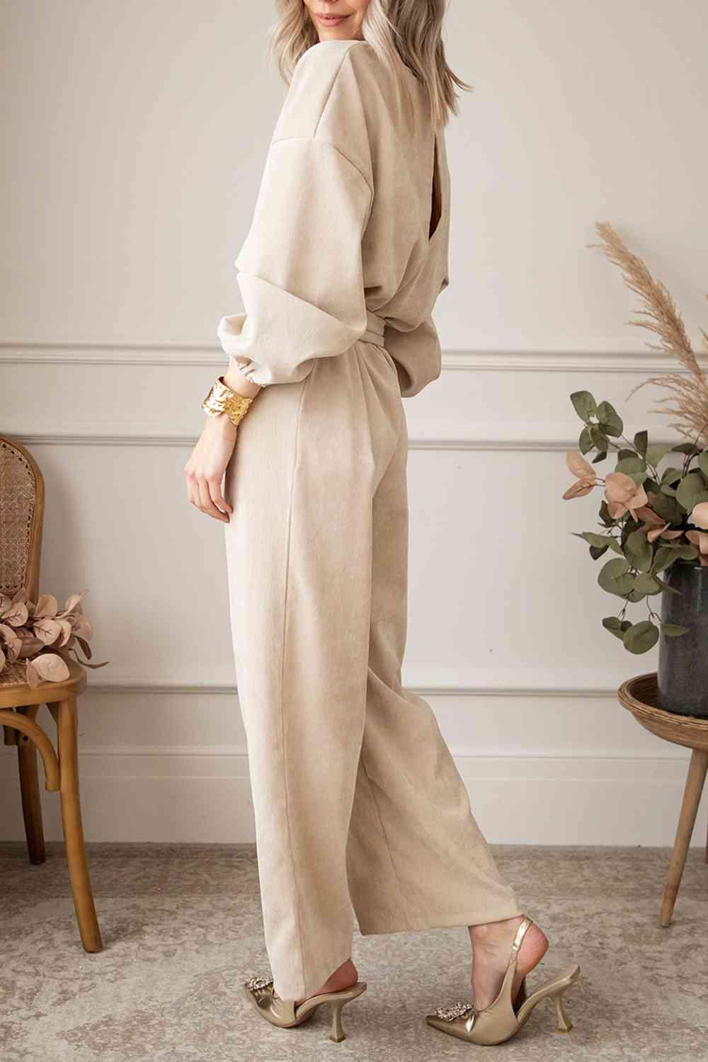 Harper V-Neck Tie Waist Wide Leg Jumpsuit - SwagglyLife Home & Fashion