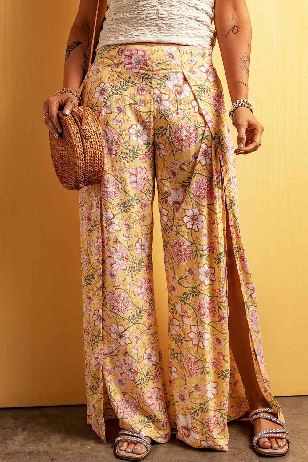 Hayden Floral Slit Wide Leg Pants - SwagglyLife Home & Fashion