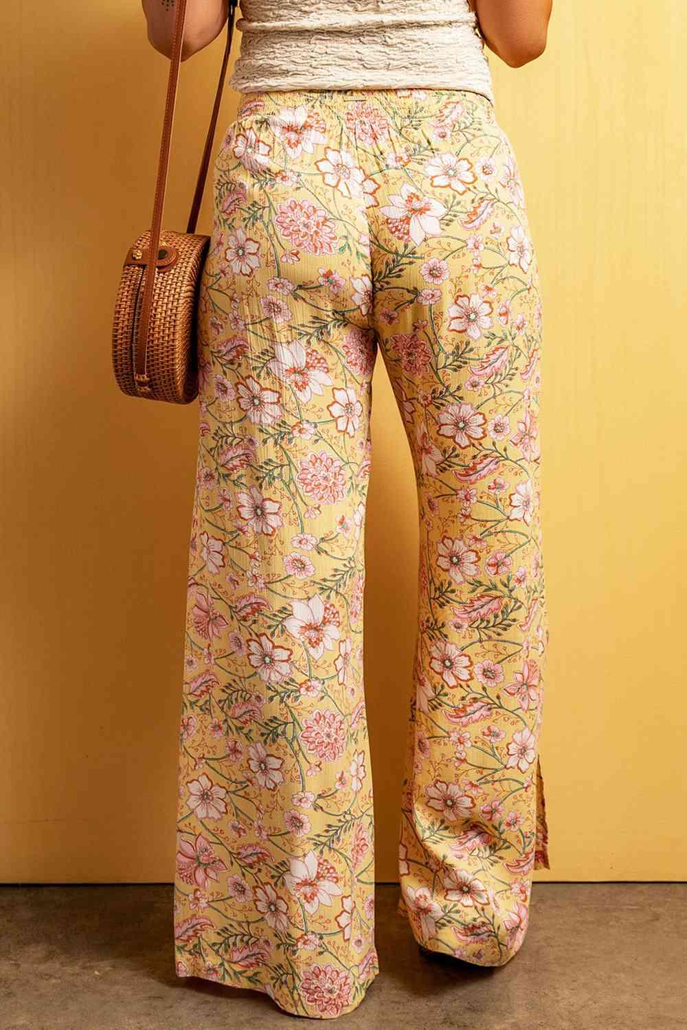 Hayden Floral Slit Wide Leg Pants - SwagglyLife Home & Fashion