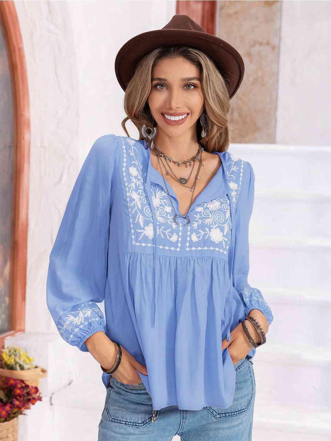 Hayden Floral Tie Neck Balloon Sleeve Blouse - SwagglyLife Home & Fashion