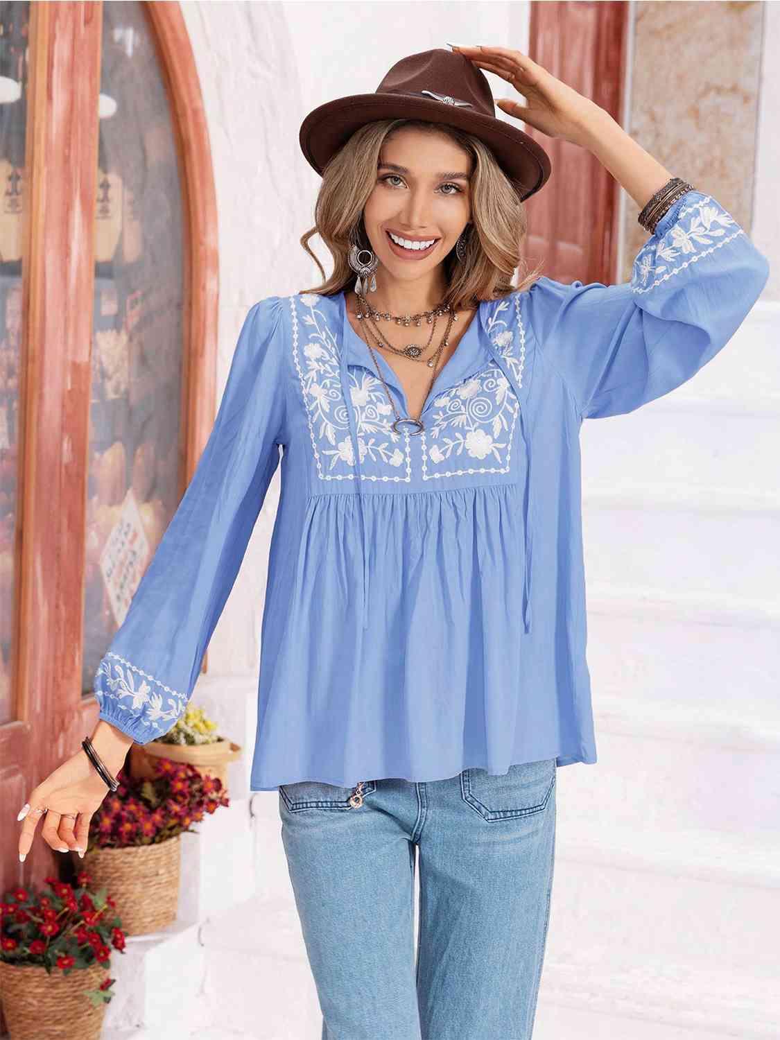 Hayden Floral Tie Neck Balloon Sleeve Blouse - SwagglyLife Home & Fashion