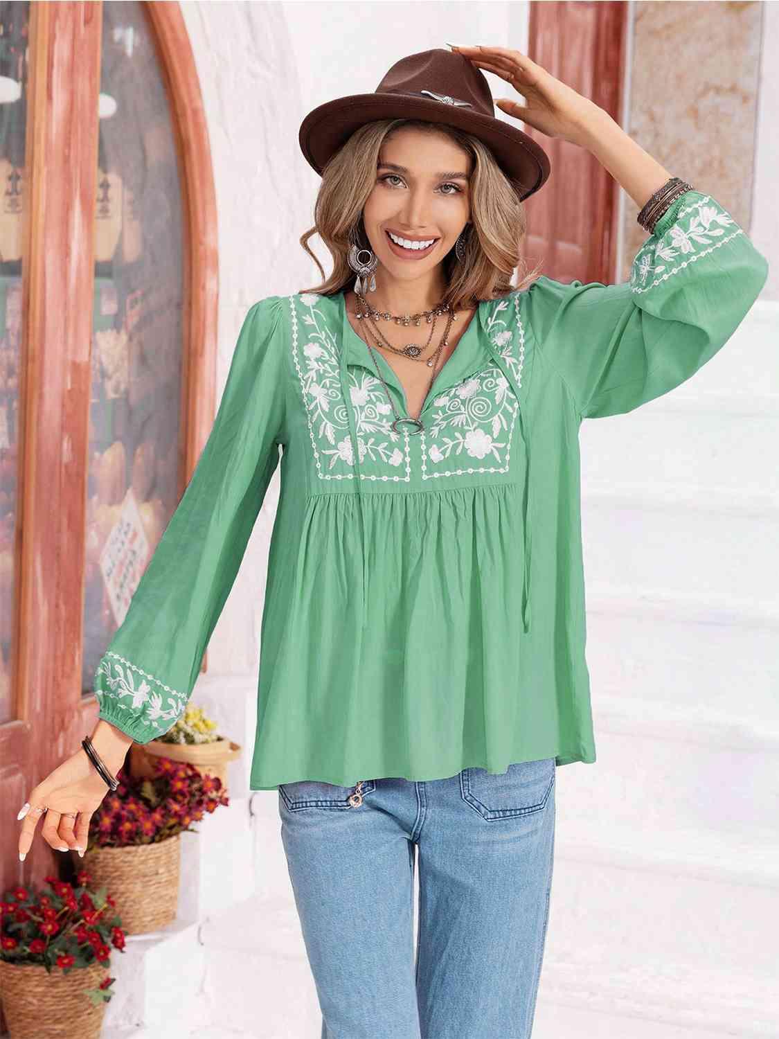 Hayden Floral Tie Neck Balloon Sleeve Blouse - SwagglyLife Home & Fashion