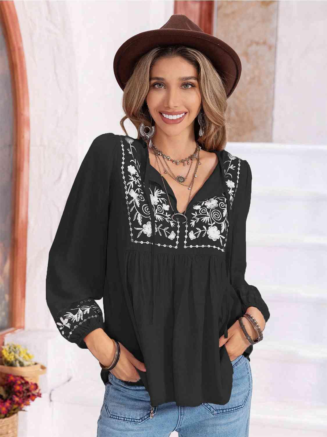 Hayden Floral Tie Neck Balloon Sleeve Blouse - SwagglyLife Home & Fashion