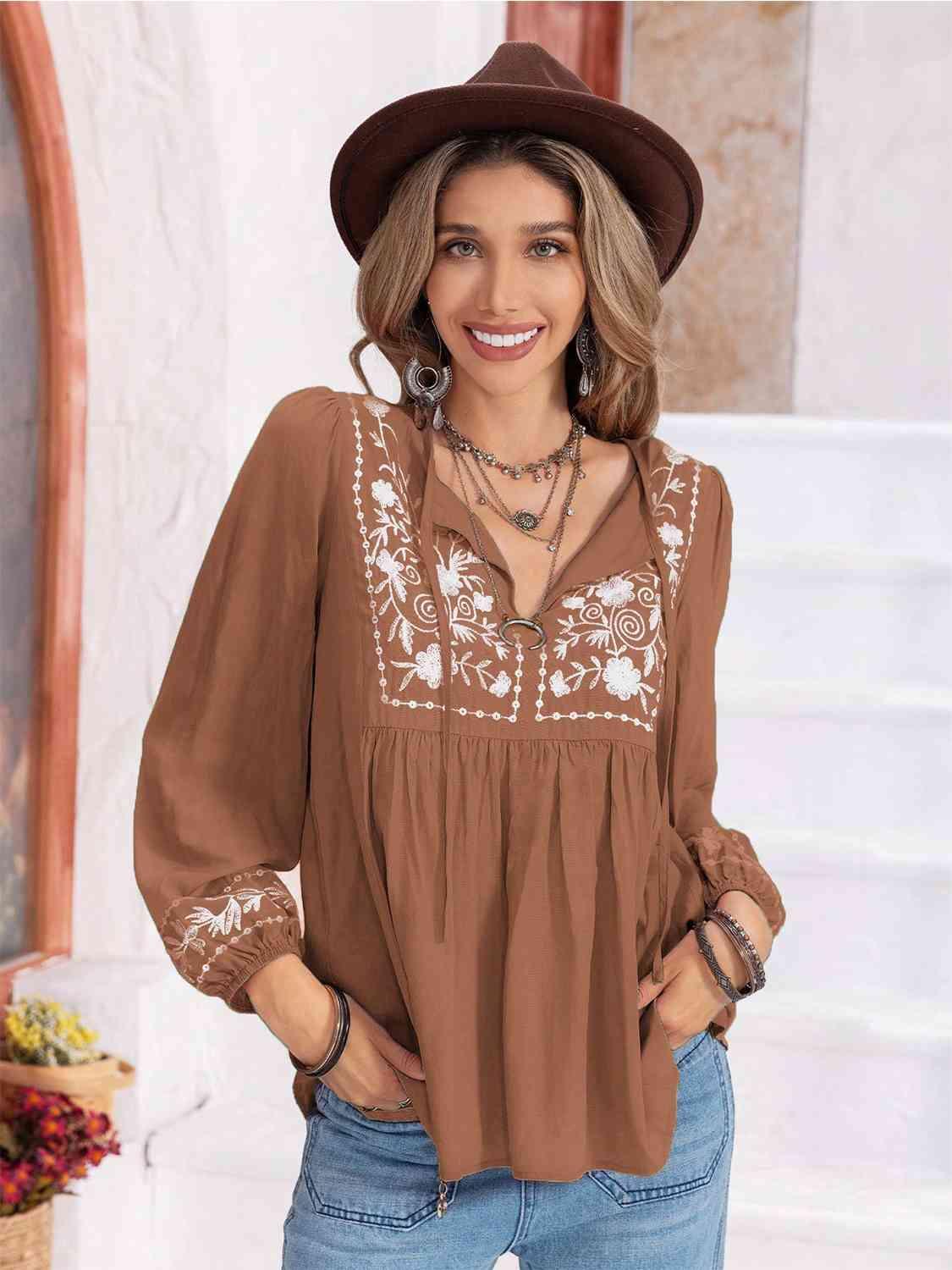 Hayden Floral Tie Neck Balloon Sleeve Blouse - SwagglyLife Home & Fashion