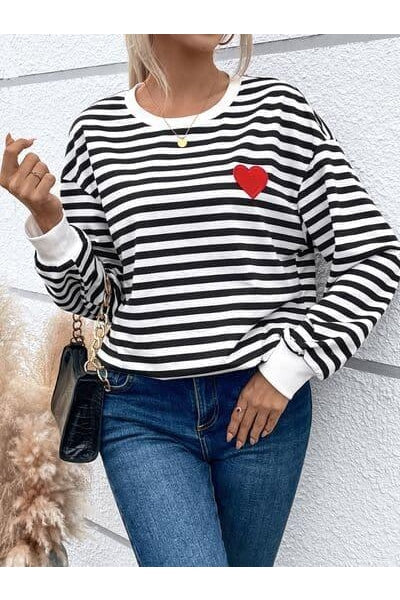 Heart Patch Striped Round Neck Long Sleeve Sweatshirt - SwagglyLife Home & Fashion